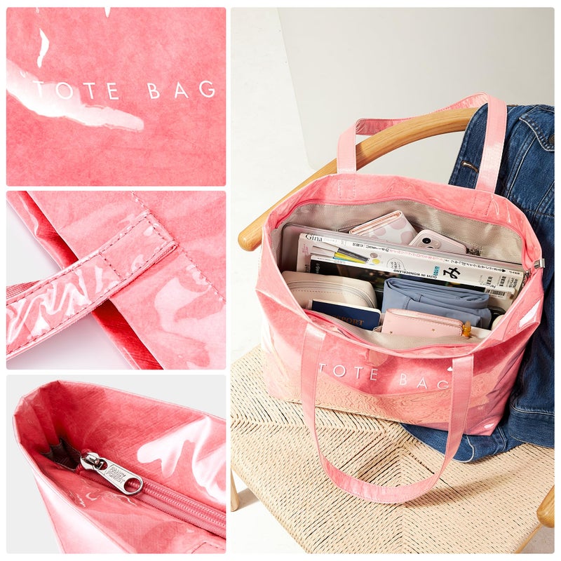 KALIDI PVC Zipper Tote Bag, Kraft Paper Beach Bag Large Hobo Carry All Travel Shopping Handbag Plastic Shoulder Bag (Pink) - Image 5