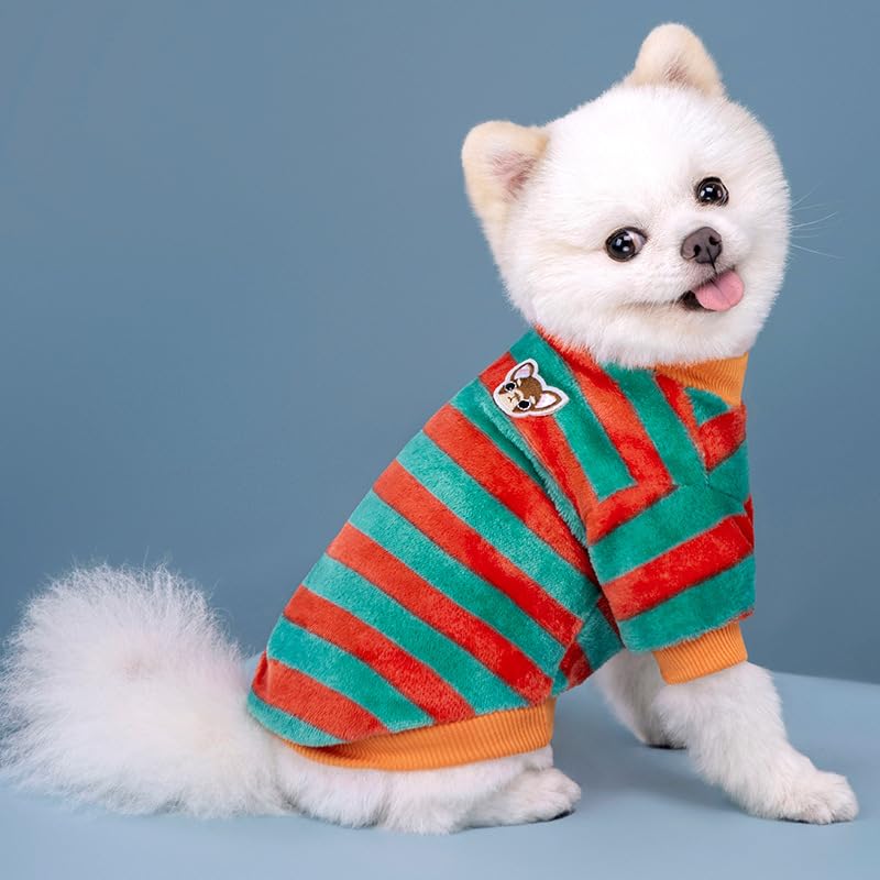 KUTKUT velvet Dog Sweaters for Small Dogs & Cats,Winter Puppy Stripe Clothes,Sweater Shirt Cold Weather Plush Warm Doggie Shirts Outfit (Size:M,Chest:40cm,Length:30cm),Green Orange,1 count - Image 1