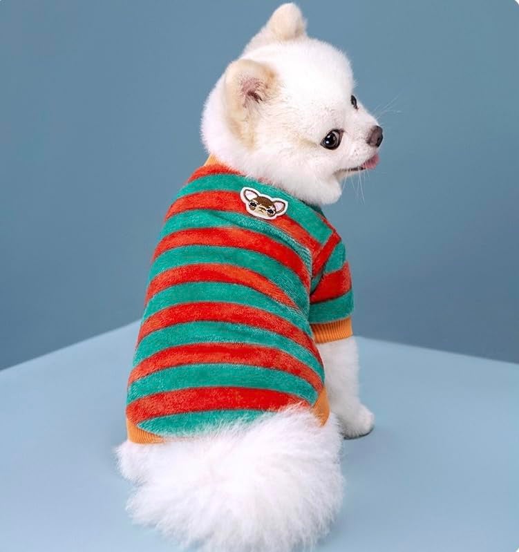 KUTKUT velvet Dog Sweaters for Small Dogs & Cats,Winter Puppy Stripe Clothes,Sweater Shirt Cold Weather Plush Warm Doggie Shirts Outfit (Size:M,Chest:40cm,Length:30cm),Green Orange,1 count - Image 2