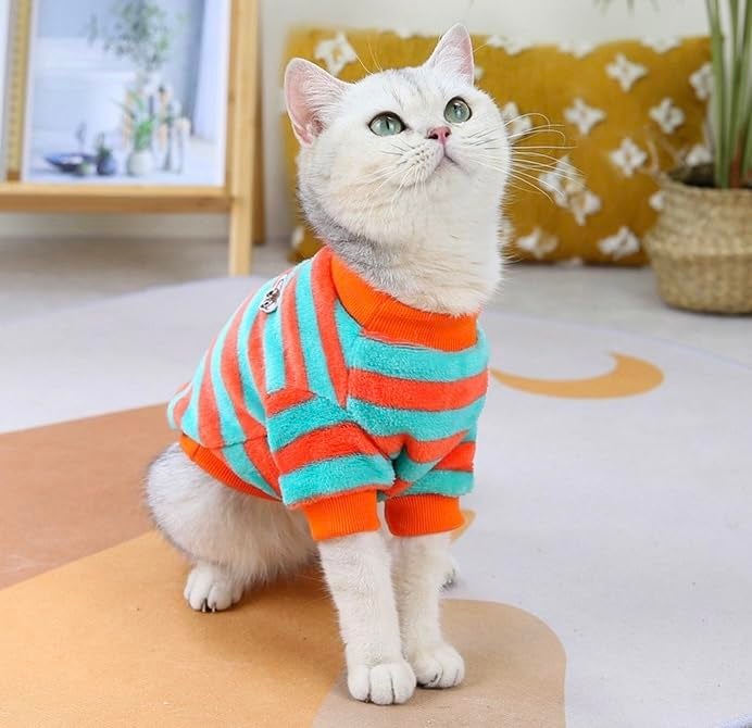 KUTKUT velvet Dog Sweaters for Small Dogs & Cats,Winter Puppy Stripe Clothes,Sweater Shirt Cold Weather Plush Warm Doggie Shirts Outfit (Size:M,Chest:40cm,Length:30cm),Green Orange,1 count - Image 5