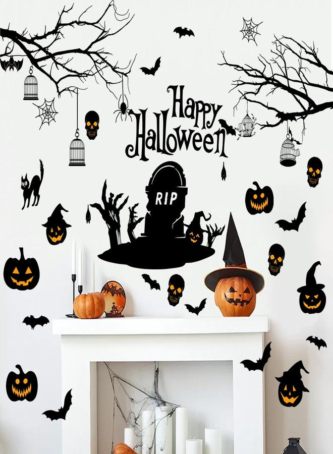 Prabahdak Happy Halloween Wall Decals DIY Black Tree Branches Bat Wall Stickers Funny Boo Pumpkin PVC Home Decal Self-Adhesive Festival Decoration for Holiday Home Party Classroom Office - Image 1