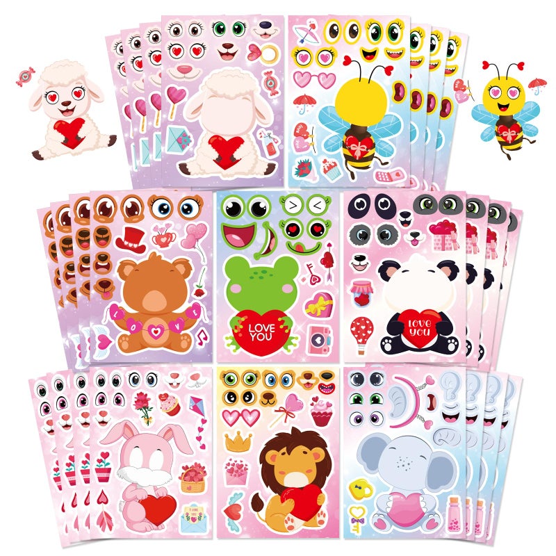 DUJAA 32 Sheets Valentine Stickers for Kids Toddlers, Make a Face Stickers, Animal Love Heart Stickers, Make Your Own Animal Stickers Party Decorations Supplies - Image 1