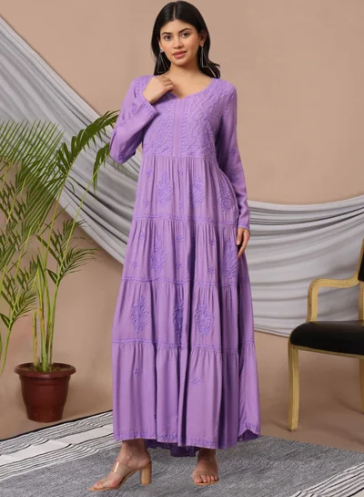 الايا جلابية رايون لكناوي شيكانكاري مطرزة يدوياً-AL3935