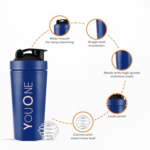 YOUONE Stainless Steel Shaker Bottles For Gym (Black)- 100% Leakproof Guarantee, Ideal For Protein, Pre Workout, Bcaas & Water Bpa Free Material, 750 milliliter - Image 2