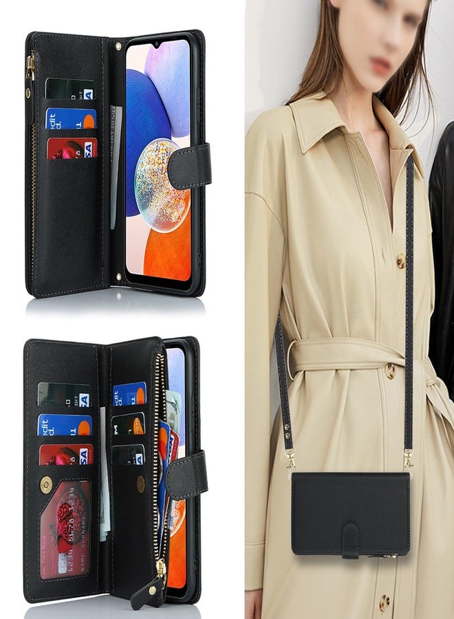 آي كوفر كايس جراب iCoverCase لهاتف سامسونج جالاكسي A23 5G، جراب محفظة مع حامل بطاقات للنساء، جراب من الجلد الصناعي مع حزام كتف وحبل وحامل، جيب بسحاب، فتحات لبطاقات الائتمان (أسود) - Image 2