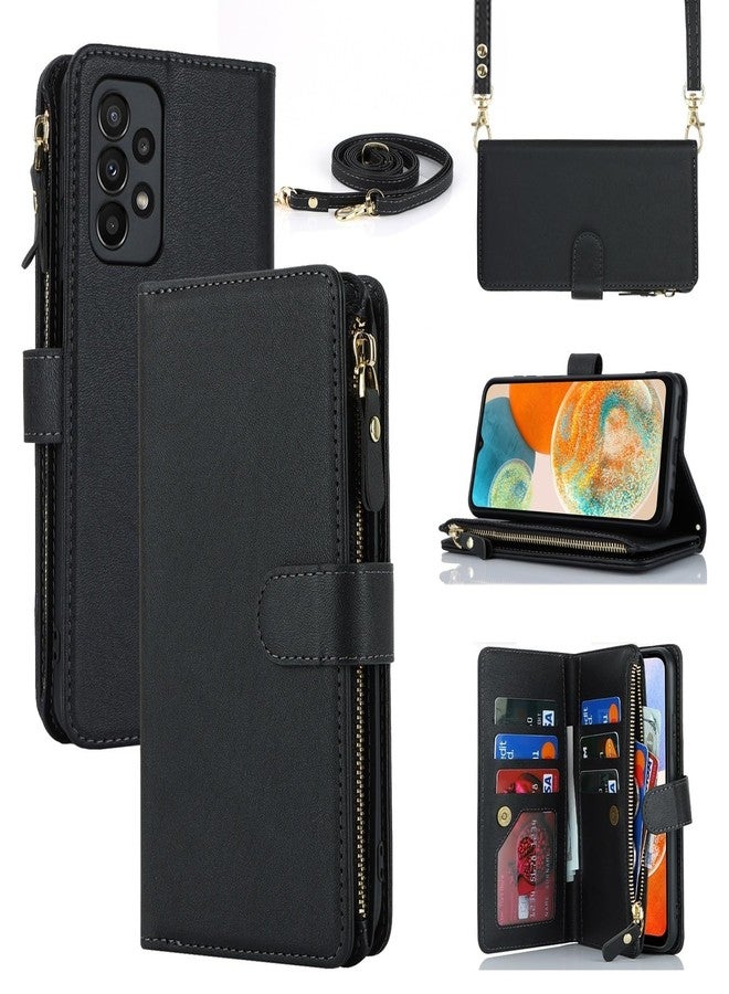 آي كوفر كايس جراب iCoverCase لهاتف سامسونج جالاكسي A23 5G، جراب محفظة مع حامل بطاقات للنساء، جراب من الجلد الصناعي مع حزام كتف وحبل وحامل، جيب بسحاب، فتحات لبطاقات الائتمان (أسود) - Image 1