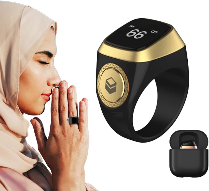 خاتم العداد للرجال، الرقمي Tasbeeh Tasbih إصبع العداد الصلاة الإسلامية الخواتم الذكية Unisex Azan المنبه ساعة إصبع العداد الهدايا 5 الصلاة تذكير وقت الصلاة تتبعات (أسود، 20mm) - Image 1