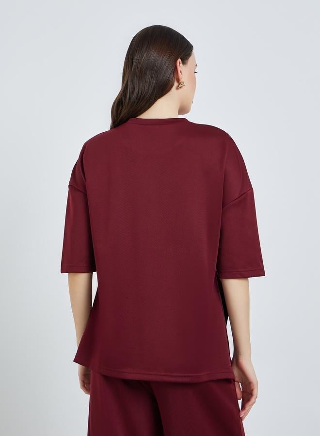 Styli Women Burgundy Solid Oversized T-Shirt - Image 3
