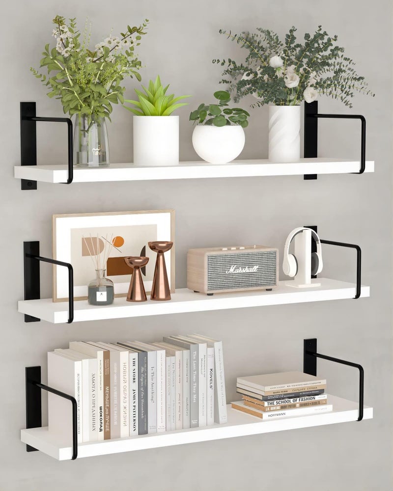 EALLRINEC Floating Shelves - 24 Inch Wall Mounted Set of 3, Rustic Wood Shelves for Living Room Storage and Wall Decor (White) - Image 1