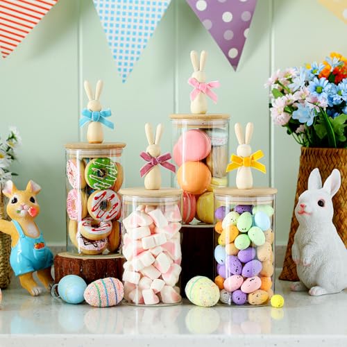 Nitial 4 Pcs Easter Glass Jar with Cap Bunny Ear Egg Clear Candy Jar Decorative Food Storage Canister with Airtight Ceramic Lid for Eater Party Tea Cookie Table Decoration (22 oz,Wooden Rabbit) - Image 3