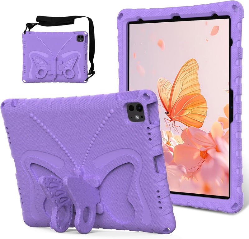 for iPad Pro 13inch 2024 Case,Lightweight EVA Kid Friendly Shockproof Protective Case,Shoulder Strap Case Butterfly Kids Case(Purple) - Image 1