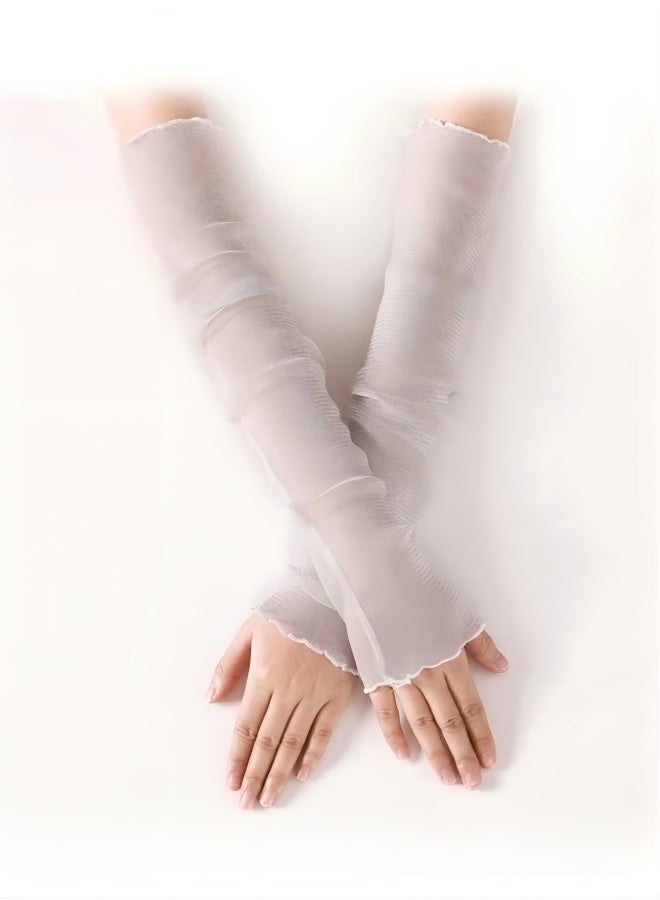 زوج واحد من قفازات نسائية طويلة رفيعة للغاية من الدانتيل للحماية من أشعة الشمس فوق البنفسجية، أكمام واقية من الشمس من التول الشبكي المبرد، قفازات بدون أصابع للاستخدام الداخلي والخارجي - أبيض 50 سم - Image 1