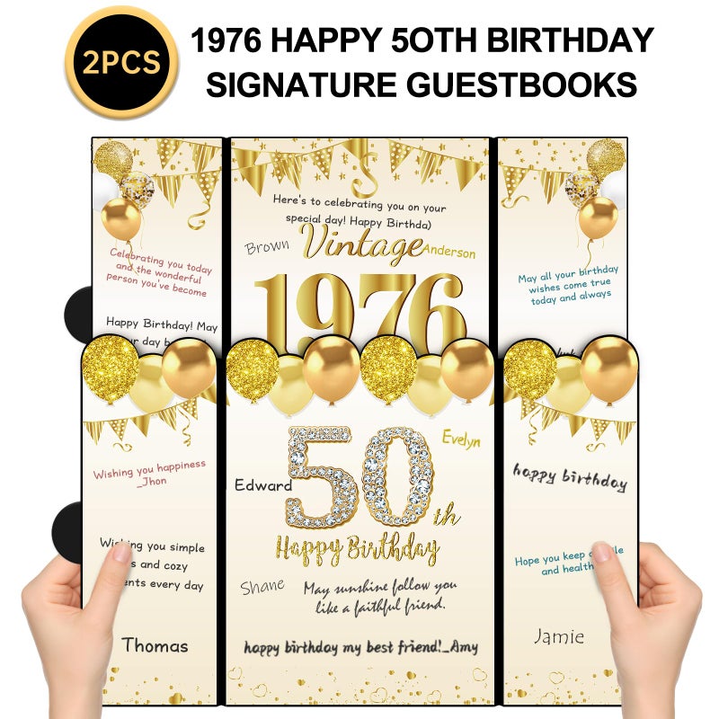 Uiorgui Black Gold 50th Birthday Decorations, 2pcs Happy 50th Birthday Signature Guest Book for Men Women Vintage 1976 50 Years Old Gifts Signing Card Board Party Supplies - Image 2