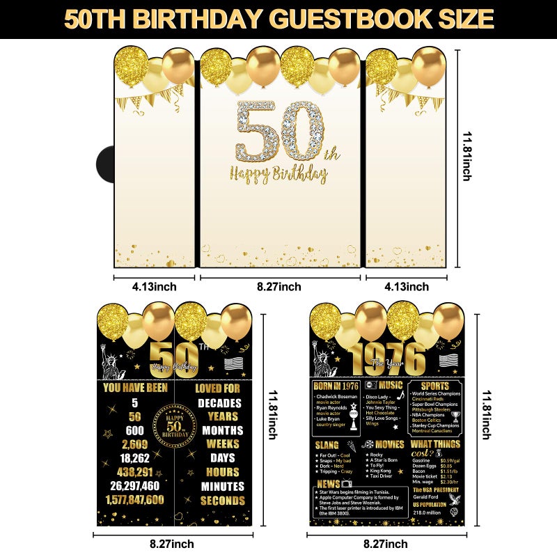 Uiorgui Black Gold 50th Birthday Decorations, 2pcs Happy 50th Birthday Signature Guest Book for Men Women Vintage 1976 50 Years Old Gifts Signing Card Board Party Supplies - Image 3