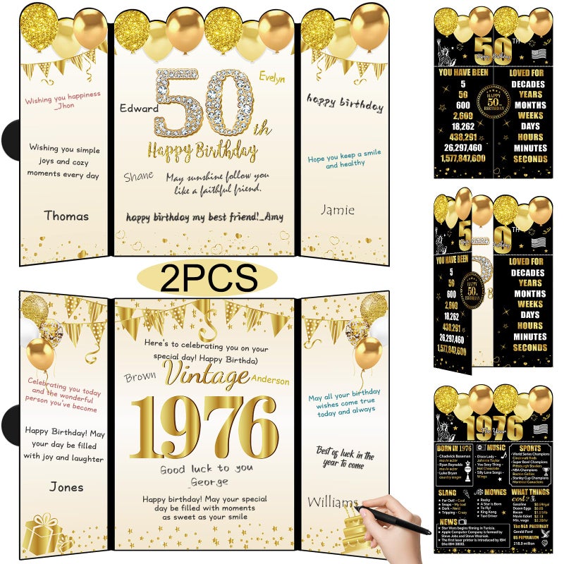 Uiorgui Black Gold 50th Birthday Decorations, 2pcs Happy 50th Birthday Signature Guest Book for Men Women Vintage 1976 50 Years Old Gifts Signing Card Board Party Supplies - Image 1
