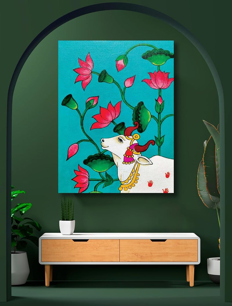 Namaste Home Namaste Home Canvas Painting Beautiful Cow And Lotus Traditional Art Abstract Art Canvas Painting for Home and Office Cotton Canvas Small Size 15X19 Inches Multicolor 