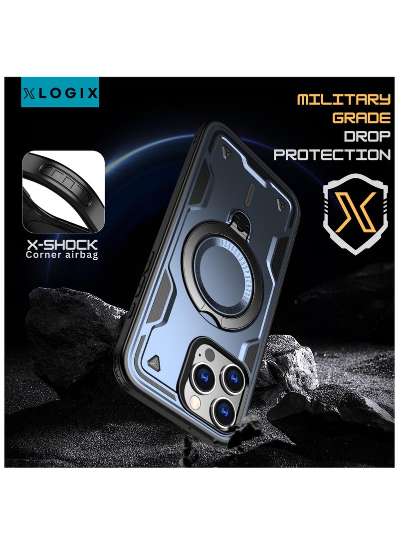 XLogiX for iPhone 16 Pro Max | Armoured Case with Built-in Kickstand, Heavy-Duty Protection, Shockproof, Slim Design, Compatible with MagSafe Accessories, ArmourX Series - BLUE - Image 2