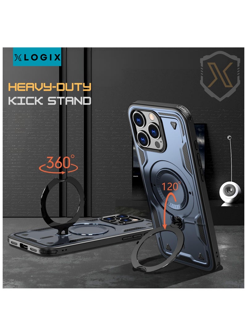 XLogiX for iPhone 16 Pro Max | Armoured Case with Built-in Kickstand, Heavy-Duty Protection, Shockproof, Slim Design, Compatible with MagSafe Accessories, ArmourX Series - BLUE - Image 4