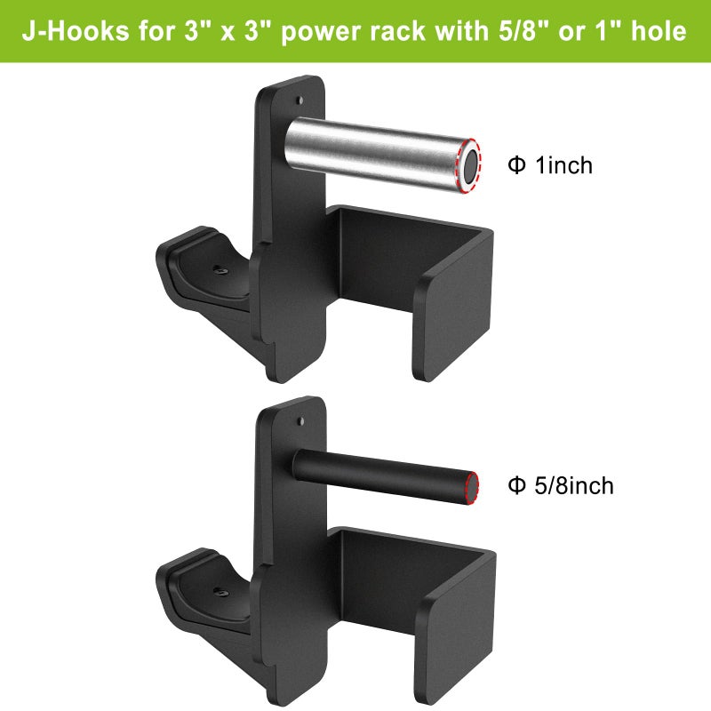 Kipika J-Hooks For 3"" X 3"" Power Rack - 5/8"" Or 1"" Hole - Reinforced Steel With Rubber Pads - Heavy Duty Squat Rack Accessories - 2Pcs - Image 3
