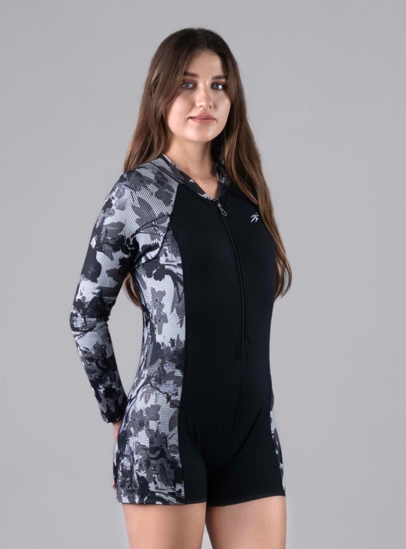 Keepfit Colorblocked Full Sleeves Roundneck boy Leg Length Leg Suit with Front Zipper| Swimming Suit for Women Black - Image 4