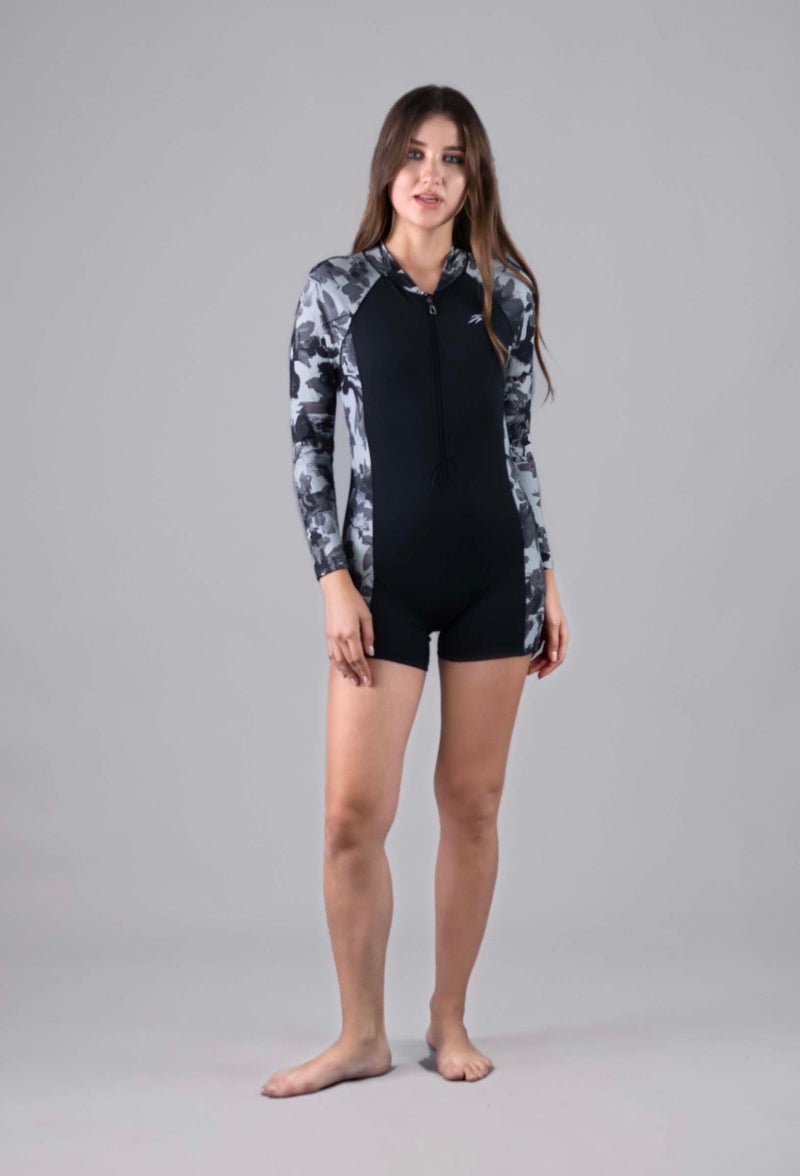 Keepfit Colorblocked Full Sleeves Roundneck boy Leg Length Leg Suit with Front Zipper| Swimming Suit for Women Black - Image 2