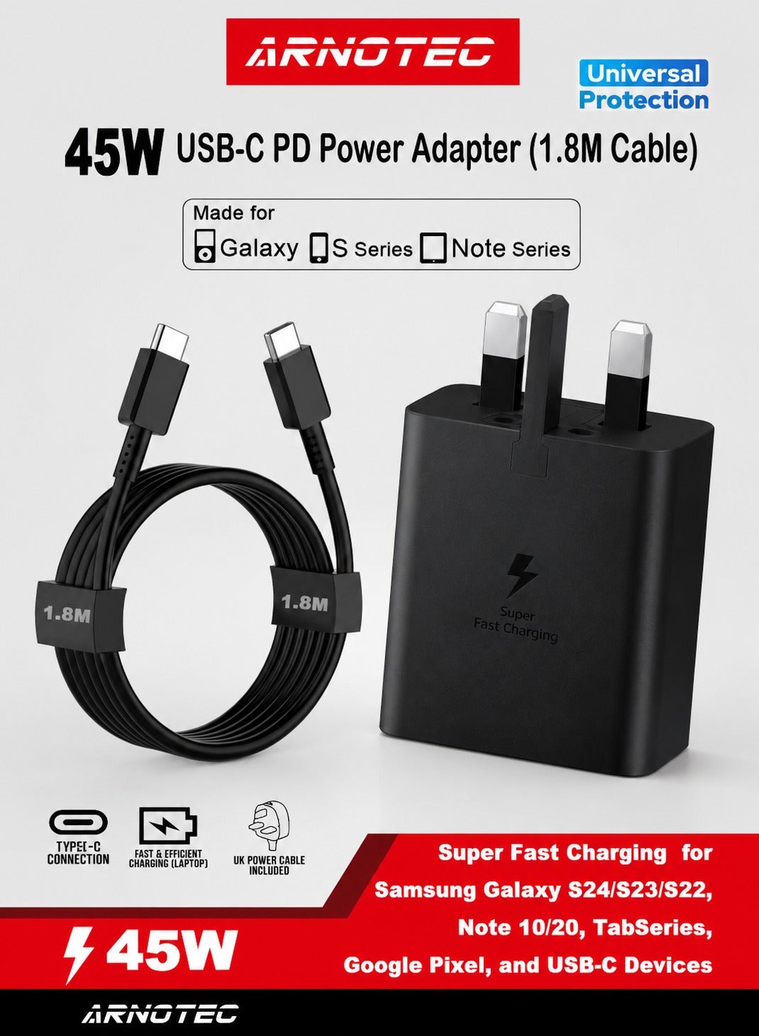 45W USB-C Power Adapter Fast Charger with 5A USB-C to USB-C Cable (1.8m), Super Fast Charging PD Wall Charger for Samsung Galaxy S24/S23/S22, Note 10/20, Tab Series, Google Pixel, and USB-C Devices – Black