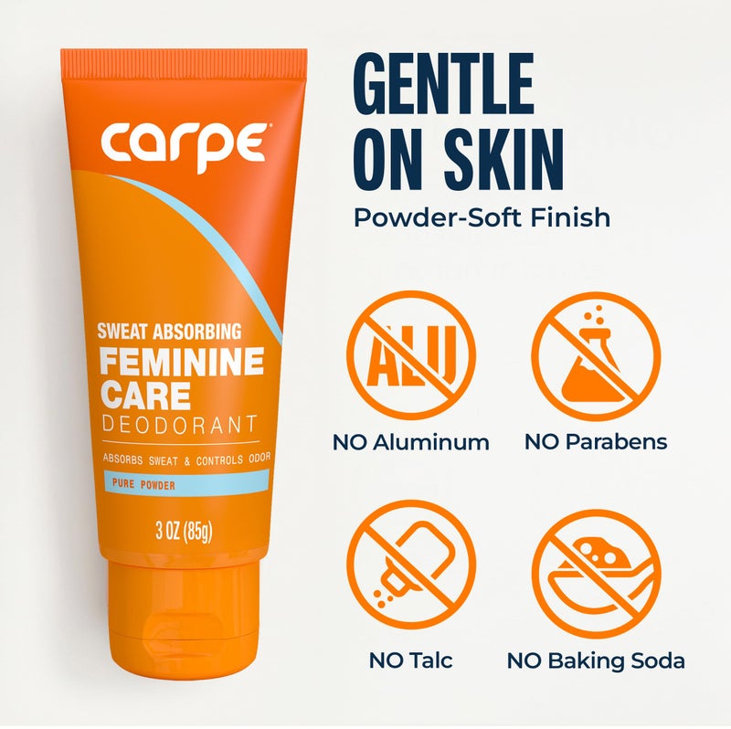 Carpe Feminine Sweatcare Intimate Deodorant - pH Balanced, 24Hr Moisture & Odor Control Whole Body Deodorant for Women - Gynecologist Tested & Safe for Private Parts - Pure Powder - 3oz - Image 3