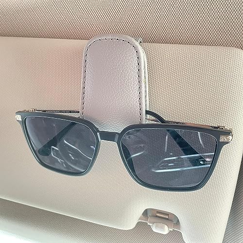 HSR Car Accessories Universal Sunglasses Goggles Holder for Car Sun Visor, Magnetic Leather Glasses Hanger Clip (Gray) - Image 1