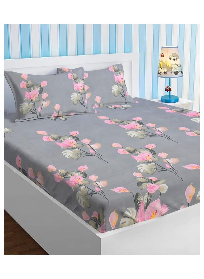 BSB HOME Premium Glace Cotton 180 TC Double Fitted Bedsheet Set  with 2 Pillow Covers 183x198 +25  Cms – Gray - Image 1