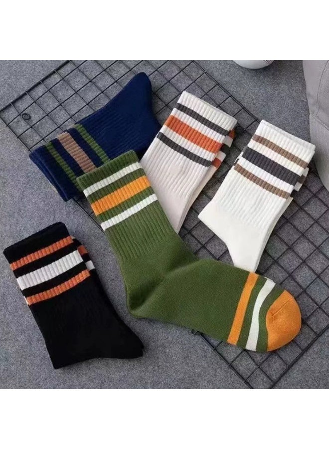 2026 New Arrival Vitality 5 Pairs Unisex Striped Socks Mid-Calf Cotton Socks for All Seasons Vintage Crew Socks Casual Athletic Socks - Image 2