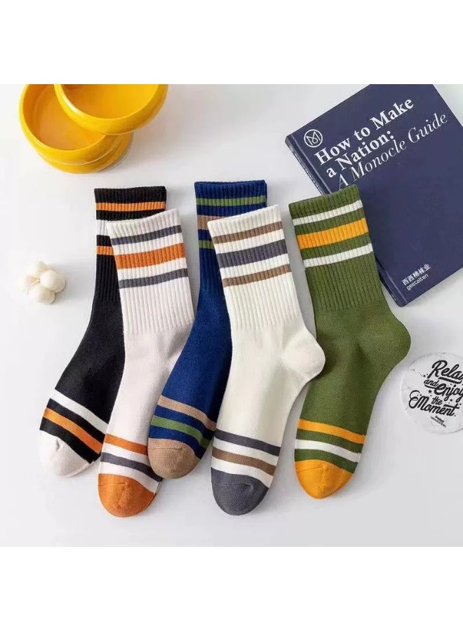 2026 New Arrival Vitality 5 Pairs Unisex Striped Socks Mid-Calf Cotton Socks for All Seasons Vintage Crew Socks Casual Athletic Socks - Image 1