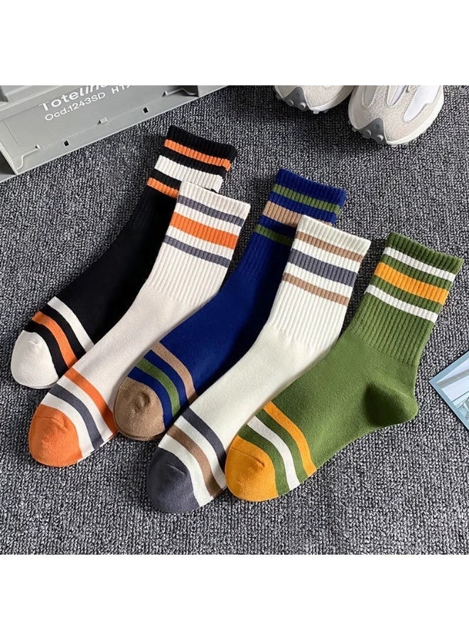 2026 New Arrival Vitality 5 Pairs Unisex Striped Socks Mid-Calf Cotton Socks for All Seasons Vintage Crew Socks Casual Athletic Socks - Image 3