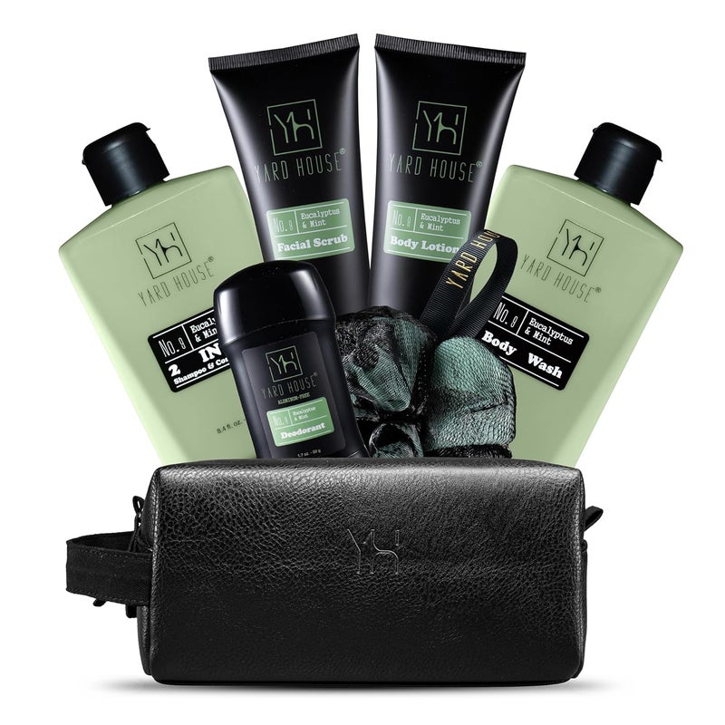 Mens Luxury Bath and Body Gift Set For Him  Skin Care Kit in Eucalyptus and Mint  Fathers Day Birthday Christmas Gifts Ideas For Men  7Pcs Set w Full Size Items in Leather Toiletry Bag