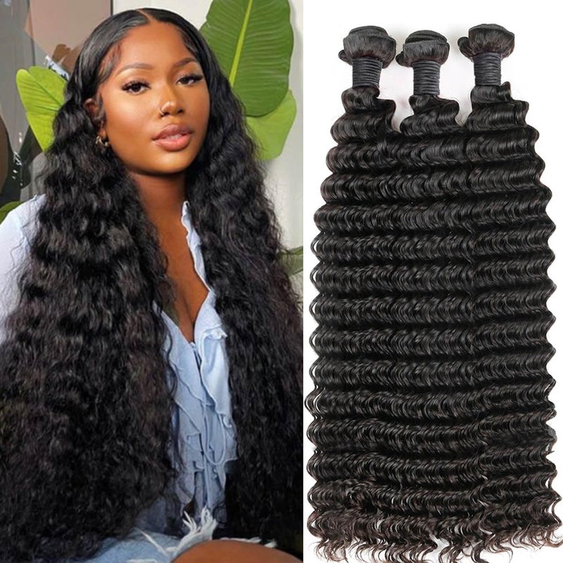 lianlian Deep Wave Bundles Human Hair Weave 3 Bundles Deep Curly Brazilian Virgin Hair Wet And Wavy Bundle Natural Black 20 22 24 Inch 12A Grade Unprocessed Human Hair Extensions