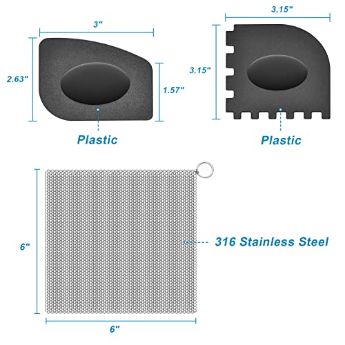 SUBEKYU Anti-Scratch Cast Iron Scrubber with Pan and Grill Scrapers, 316 Stainless Steel Chain Mail Scrubber Cast Iron Cleaner, Metal Cleaning Kit Tools Include Chainmail Scrubber, 6"x6" - Image 4