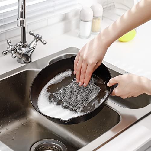 SUBEKYU Anti-Scratch Cast Iron Scrubber with Pan and Grill Scrapers, 316 Stainless Steel Chain Mail Scrubber Cast Iron Cleaner, Metal Cleaning Kit Tools Include Chainmail Scrubber, 6"x6" - Image 5