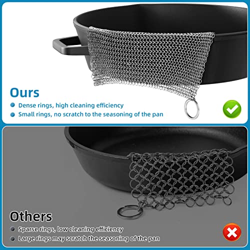 SUBEKYU Anti-Scratch Cast Iron Scrubber with Pan and Grill Scrapers, 316 Stainless Steel Chain Mail Scrubber Cast Iron Cleaner, Metal Cleaning Kit Tools Include Chainmail Scrubber, 6"x6" - Image 2