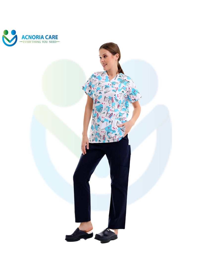 ACNORIA CARE Women's Printed Medical Scrubs Consisting Of Two Pieces Blouse And Pants 65% Polyester, 35% Cotton White Color - Size L - From Acnoria Care  - Image 5