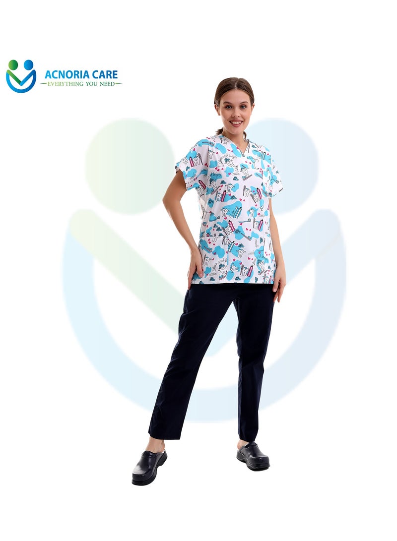 ACNORIA CARE Women's Printed Medical Scrubs Consisting Of Two Pieces Blouse And Pants 65% Polyester, 35% Cotton White Color - Size L - From Acnoria Care  - Image 1