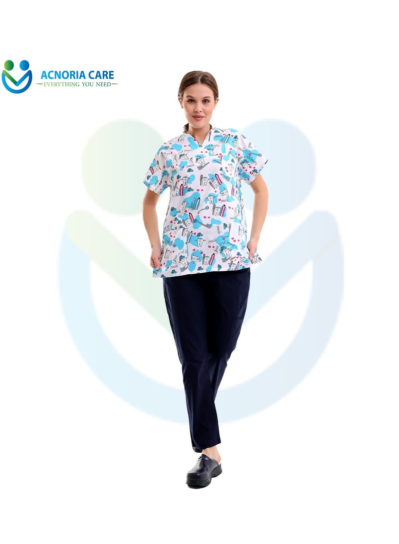 ACNORIA CARE Women's Printed Medical Scrubs Consisting Of Two Pieces Blouse And Pants 65% Polyester, 35% Cotton White Color - Size L - From Acnoria Care  - Image 4