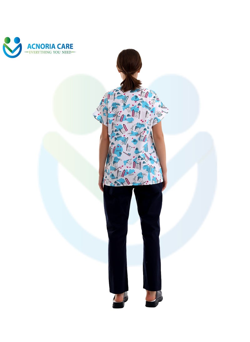 ACNORIA CARE Women's Printed Medical Scrubs Consisting Of Two Pieces Blouse And Pants 65% Polyester, 35% Cotton White Color - Size L - From Acnoria Care  - Image 2