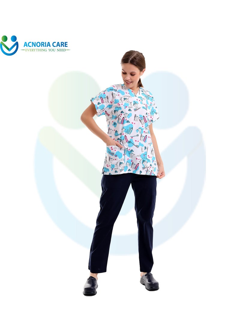 ACNORIA CARE Women's Printed Medical Scrubs Consisting Of Two Pieces Blouse And Pants 65% Polyester, 35% Cotton White Color - Size L - From Acnoria Care  - Image 3