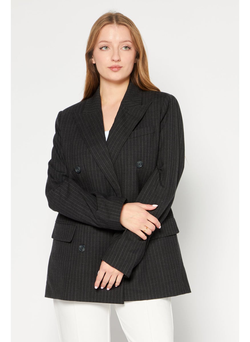 Michael Kors Women Modern Fit Stripe Semi-Formal Blazer, Dark Grey  - Image 1
