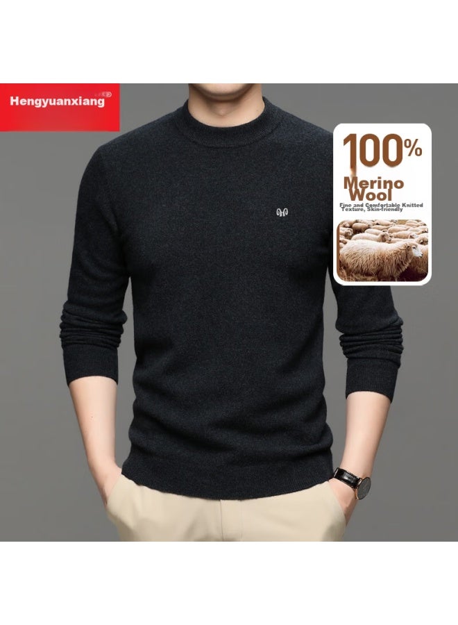 Hengyuanxiang Hengyuanxiang Men's Thick 100% Pure Wool Sweater, Autumn And Winter Solid Color Round Neck Casual Knit Pullover For Young And Middle-aged Men  - Image 4