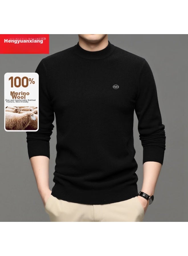Hengyuanxiang Hengyuanxiang Men's Thick 100% Pure Wool Sweater, Autumn And Winter Solid Color Round Neck Casual Knit Pullover For Young And Middle-aged Men  - Image 1