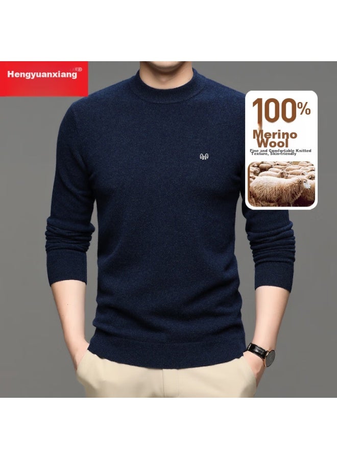 Hengyuanxiang Hengyuanxiang Men's Thick 100% Pure Wool Sweater, Autumn And Winter Solid Color Round Neck Casual Knit Pullover For Young And Middle-aged Men  - Image 2