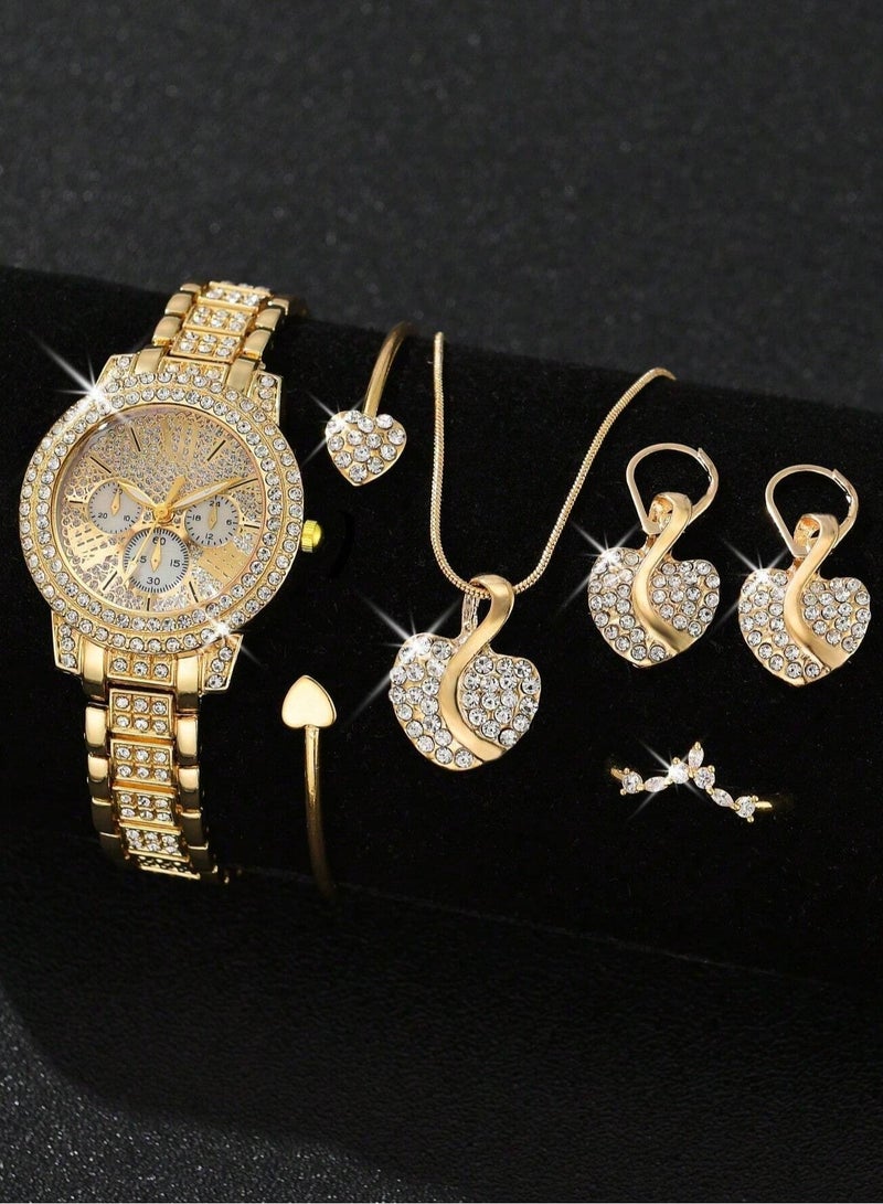 Women's accessory set consisting of a watch, necklace, earrings, bracelet, and ring in gold, decorated with rhinestones. The set is rust-resistant. - Image 1