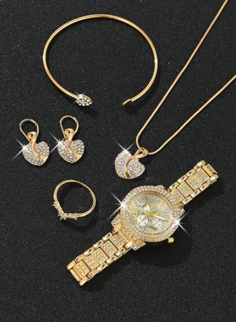 Women's accessory set consisting of a watch, necklace, earrings, bracelet, and ring in gold, decorated with rhinestones. The set is rust-resistant. - Image 2
