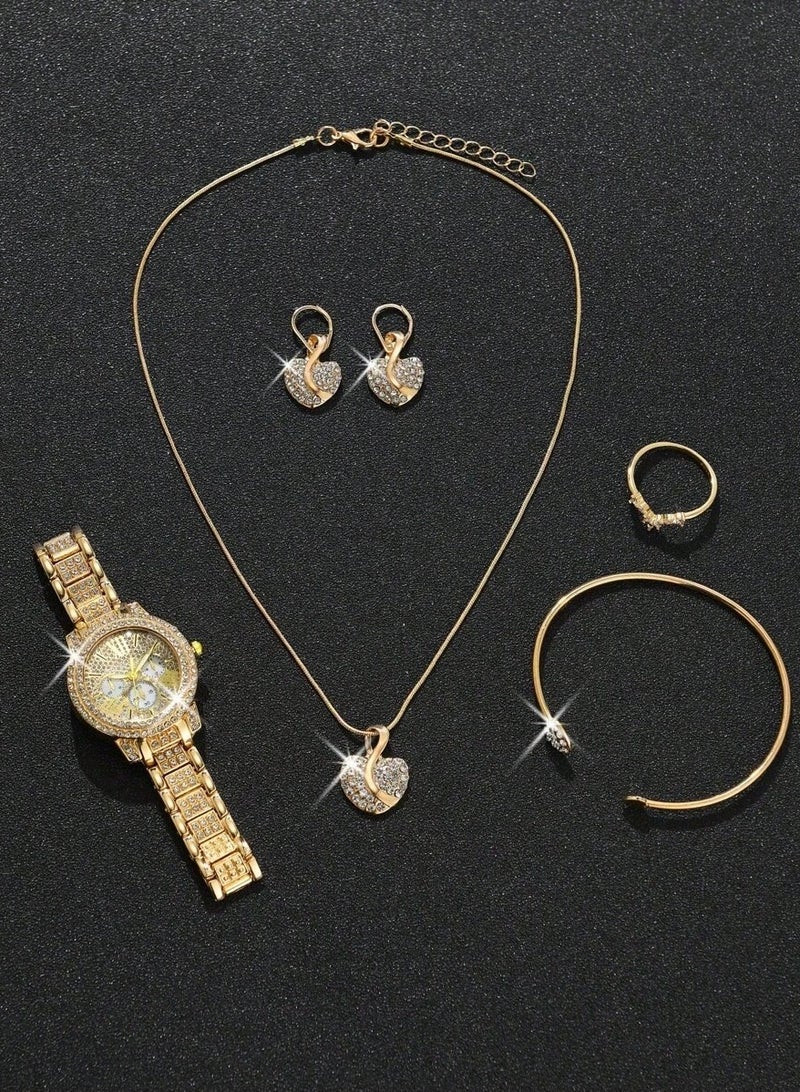 Women's accessory set consisting of a watch, necklace, earrings, bracelet, and ring in gold, decorated with rhinestones. The set is rust-resistant. - Image 3