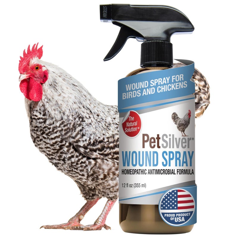 PetSilver Chicken Wound Spray for Chickens & Birds - Patented Silver Solution - Silver Spray for Wounds, Pecking Sores, Bumblefoot, Cuts, Burns, & Skin Irritations - Chicken Care - USA Made - 12 fl oz - Image 1